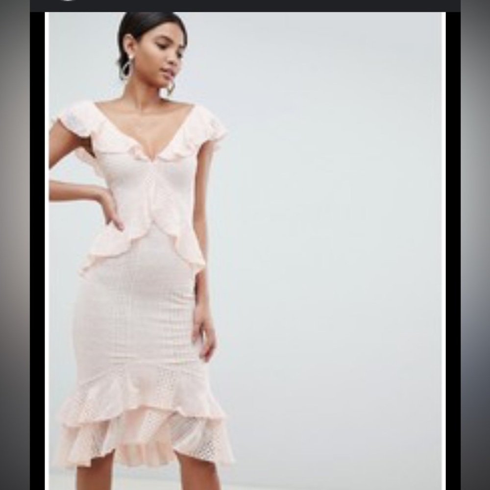 NWT- ASOS Pink Ruffle Lace Midi Dress